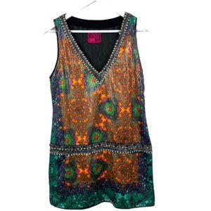 Gusto Lowxury Womens Multicolor Medallion Print Tunic Dress Sleeveless Jeweled